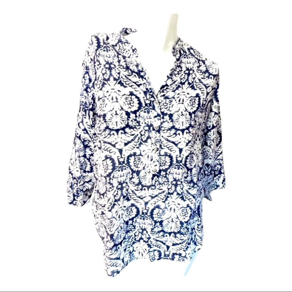 Antilia femme comfy scroll print 1/4 button down long sleeve top  #13E